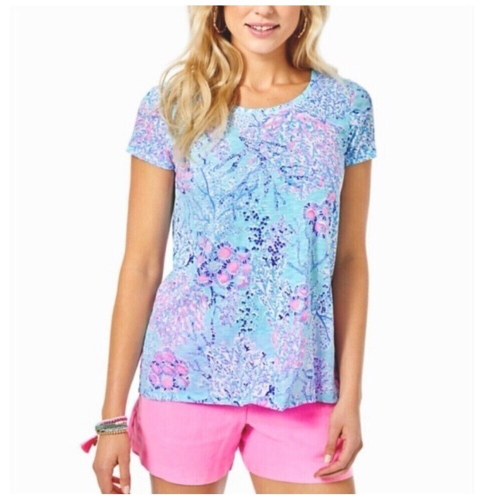 Lilly Pulitzer Blue Pink Floral Short Sleeve Tee